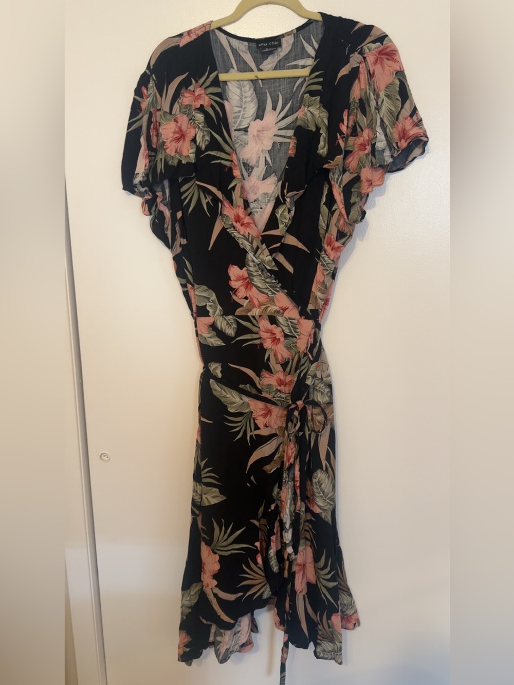 City Chic Black Dress with Pink & Green Tropical Floral Print